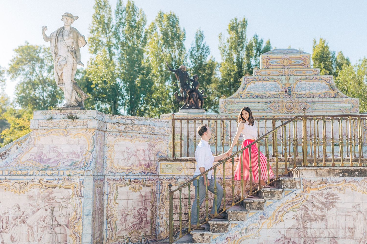 Engagement session at palace Palacio de Queluz in Lisbon – destination wedding inspiration for Asian-American couples in Portugal.