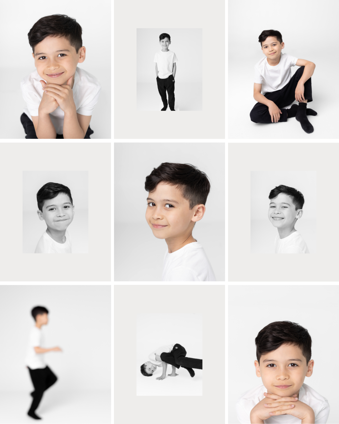 A young boy in a white shirt poses confidently in a studio photo collage featuring nine professional portrait shots.