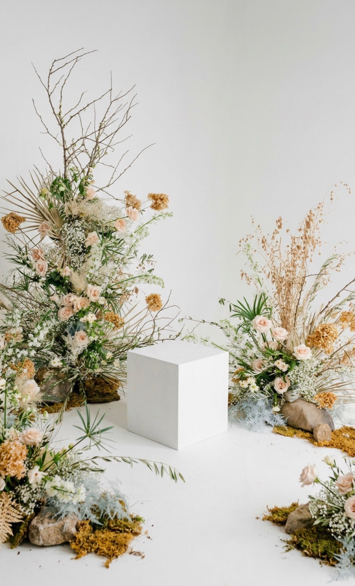 Elegant floral arrangement with peach roses, dried grasses, and golden blooms surrounding a white cube pedestal on a white background.