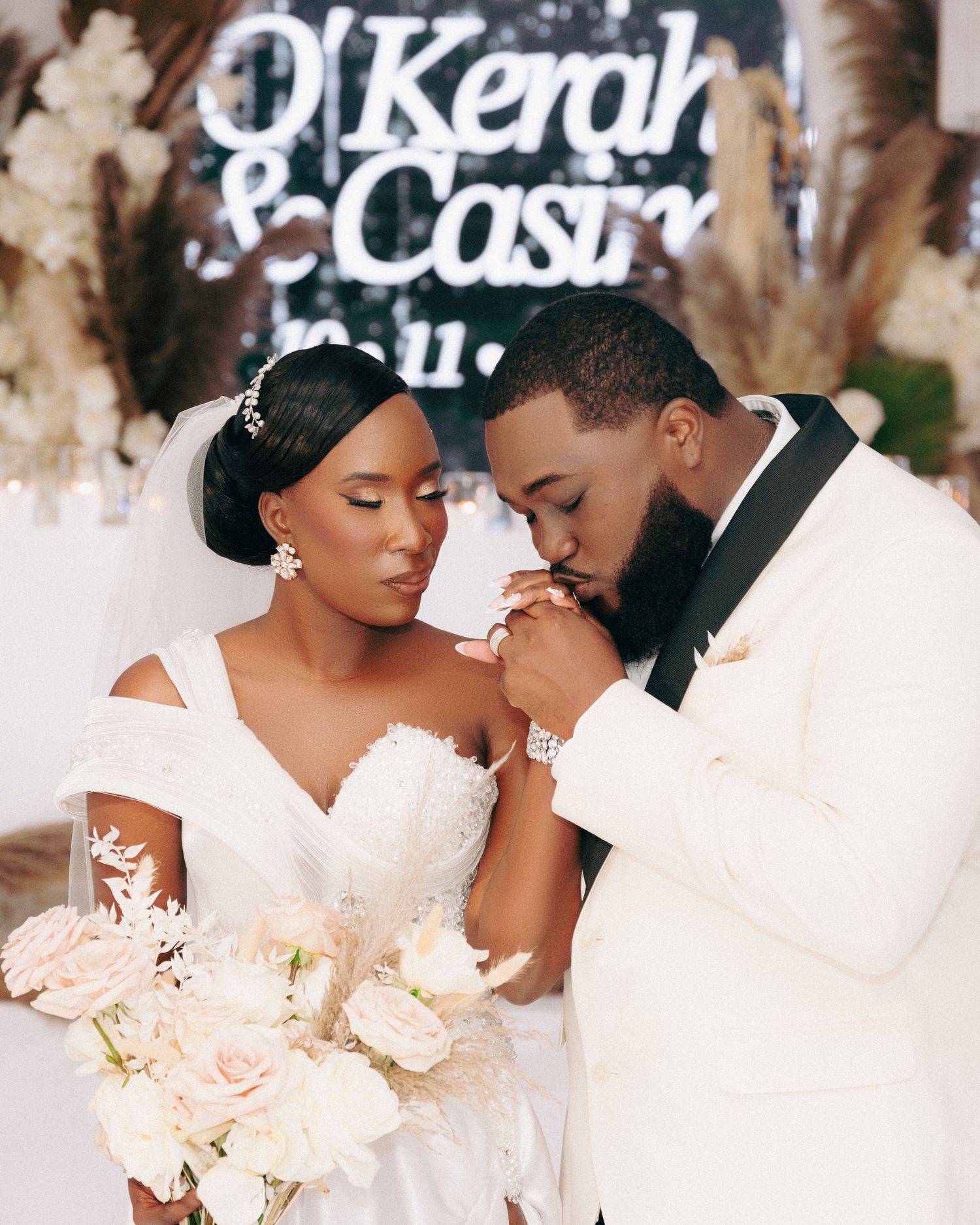 A romantic wedding photo collage showing intimate moments between newlyweds with white floral decorations.