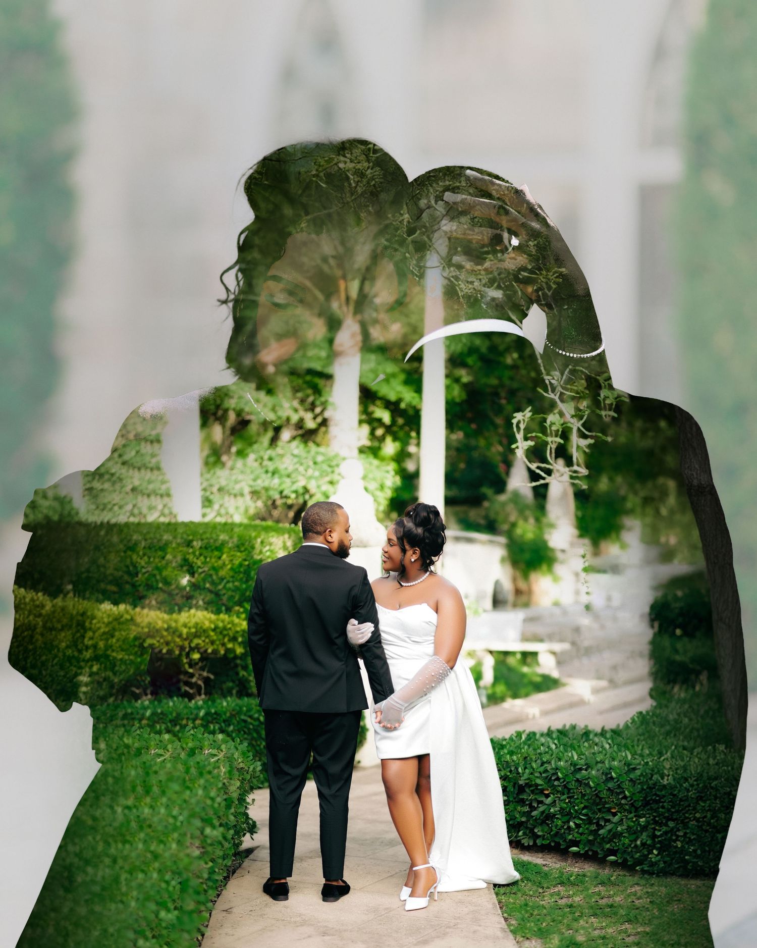 Double exposure wedding photo of a couple in formal attire standing in a lush garden with a white gazebo.
