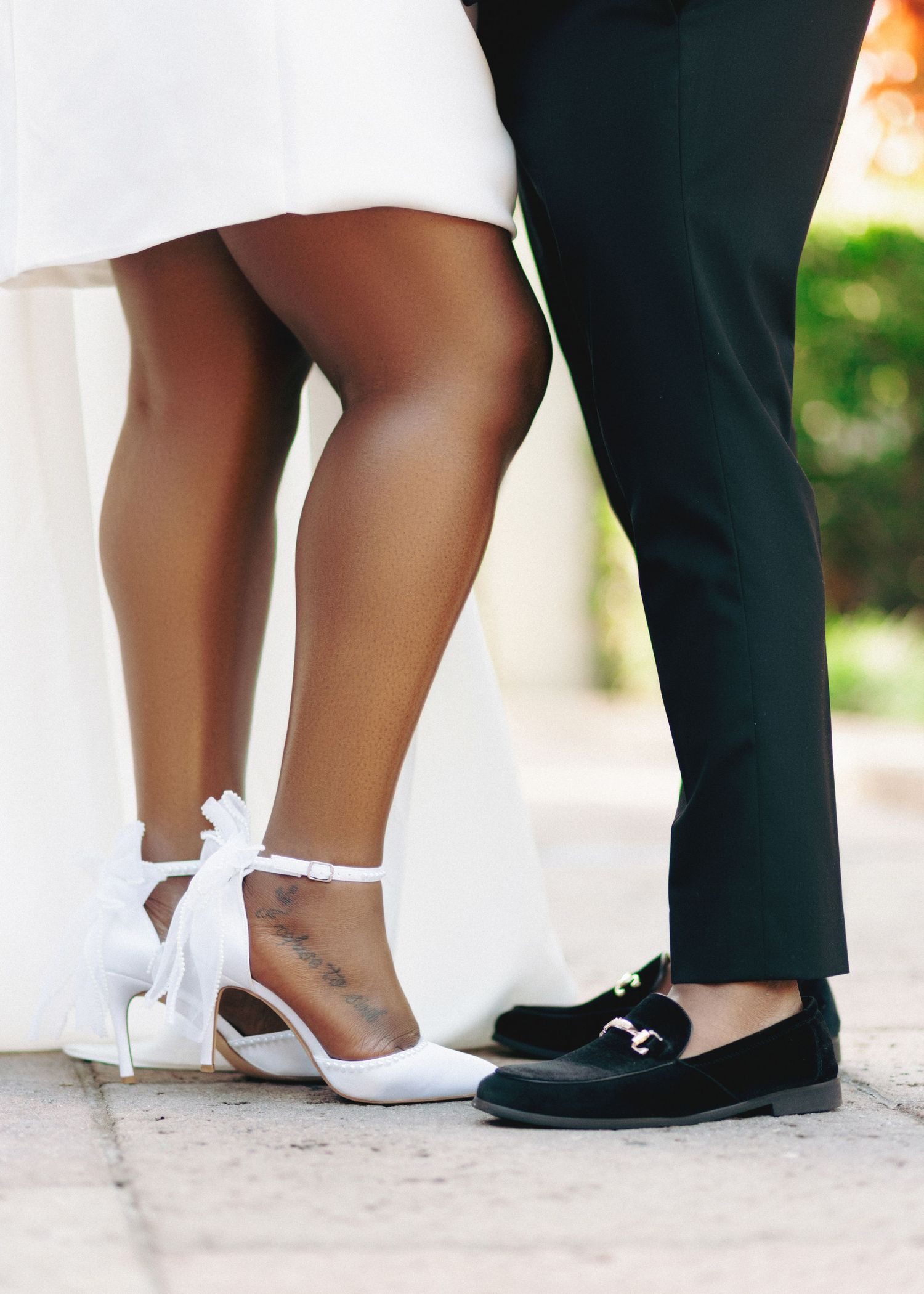 A sequence of wedding photos focusing on the couple's feet, showing white bridal shoes and black formal shoes.