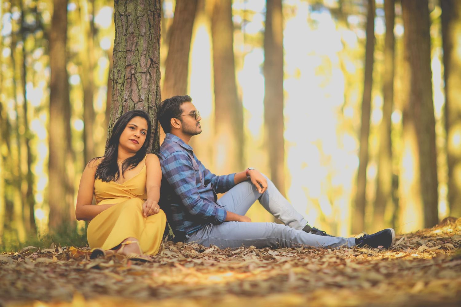 A couple sits back to back on fallen autumn leaves in a sunlit forest during golden hour.