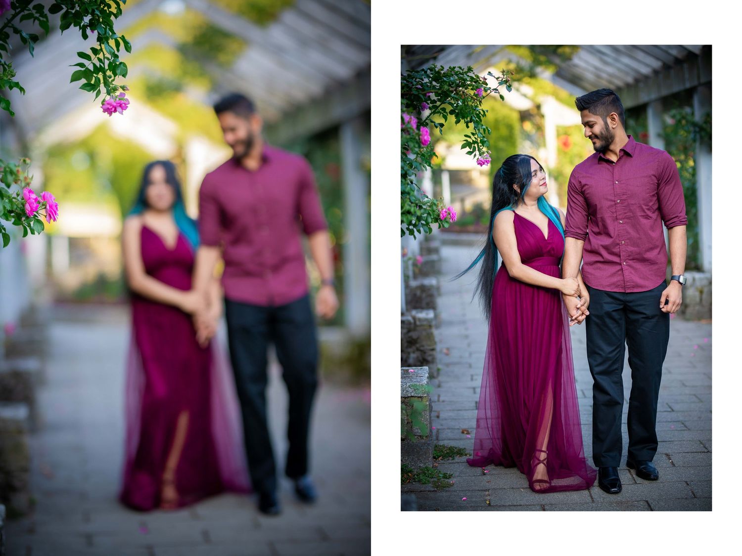 A couple in burgundy and black attire poses together for romantic outdoor engagement photos in a garden setting.