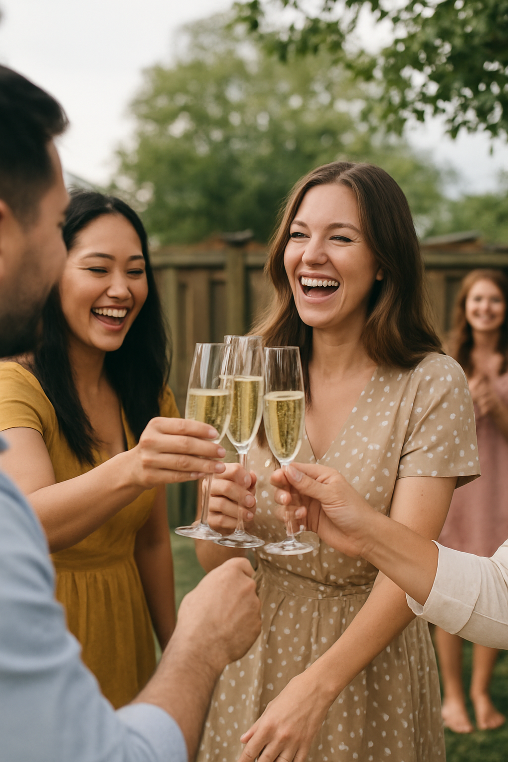 backyard party with adults toasting with champagne