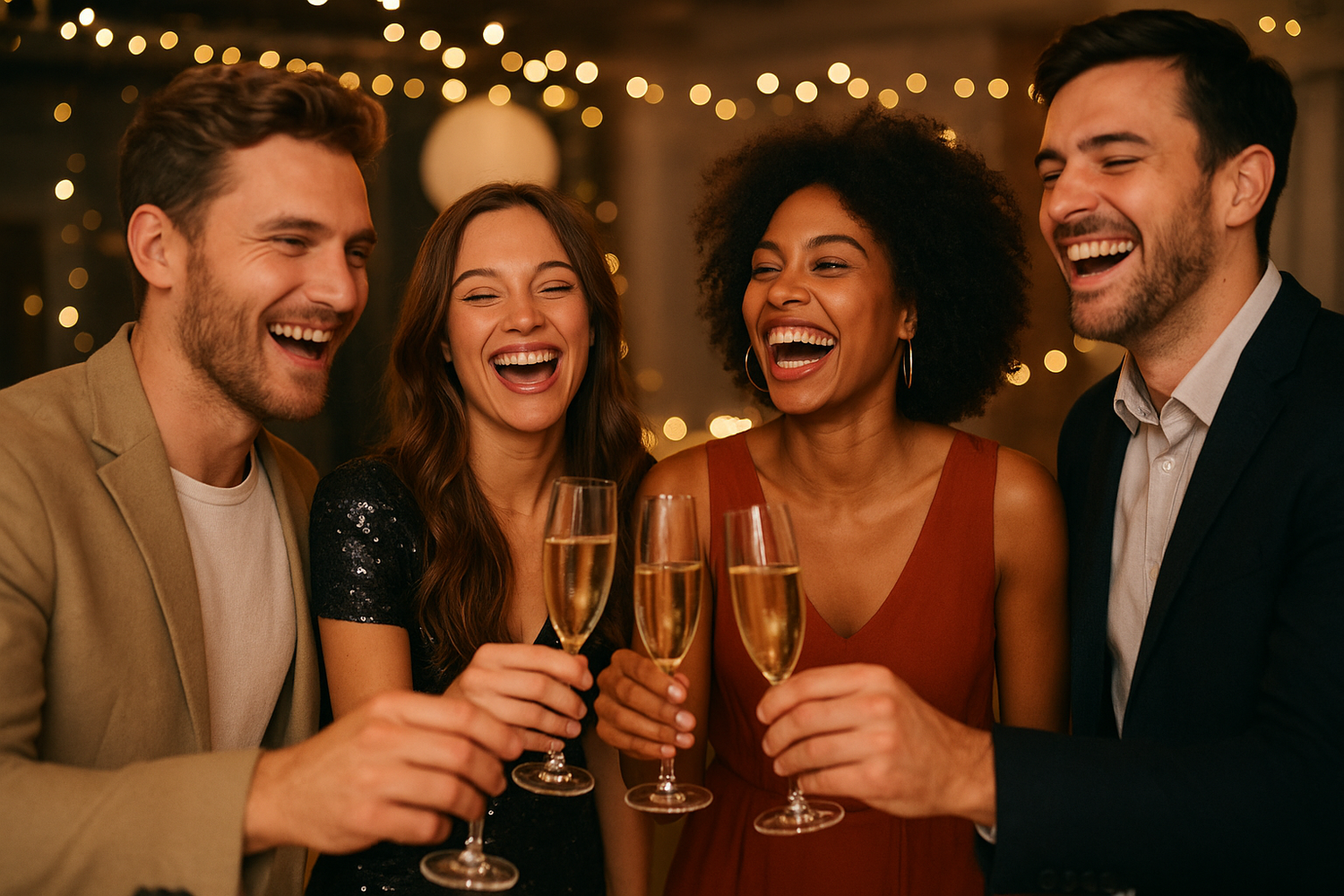 a group of four people raising a toast with champagne at a holiday event