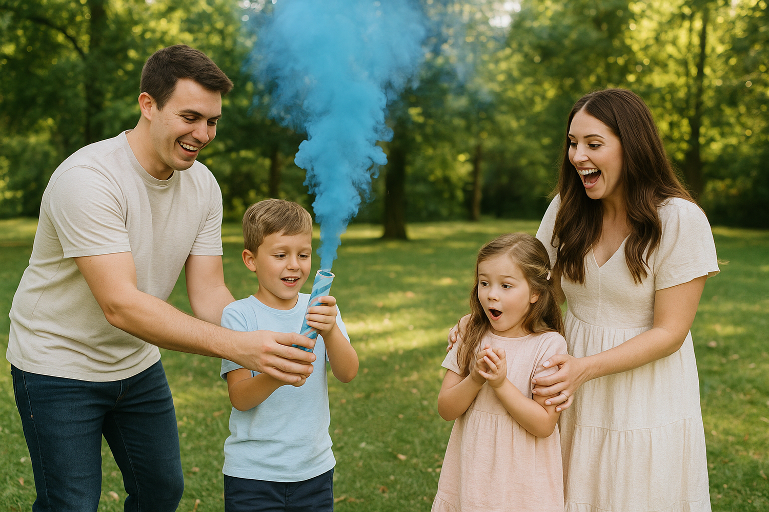 family at a gender reveal setting off a blue coloured streamer