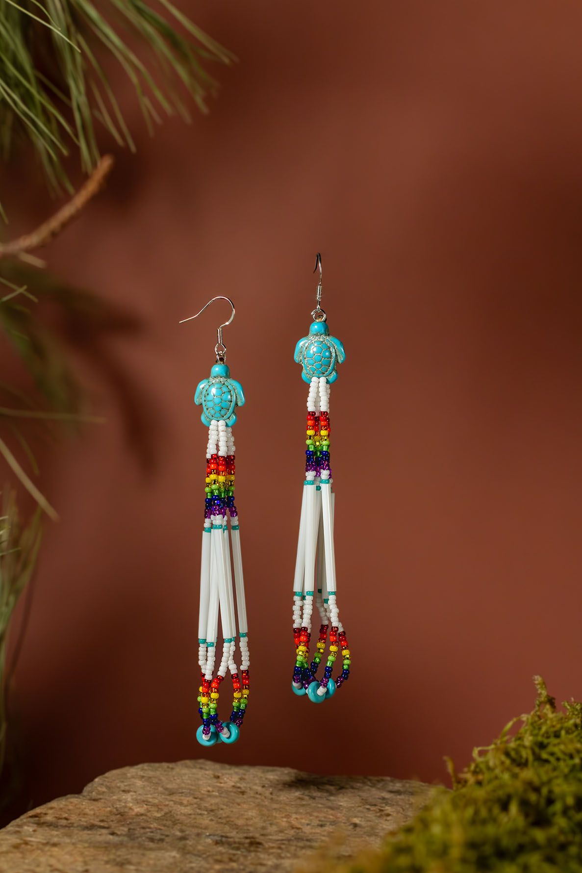 Handcrafted earrings with small beads and silver hooks. B. Steele Images, indigenous photographer.