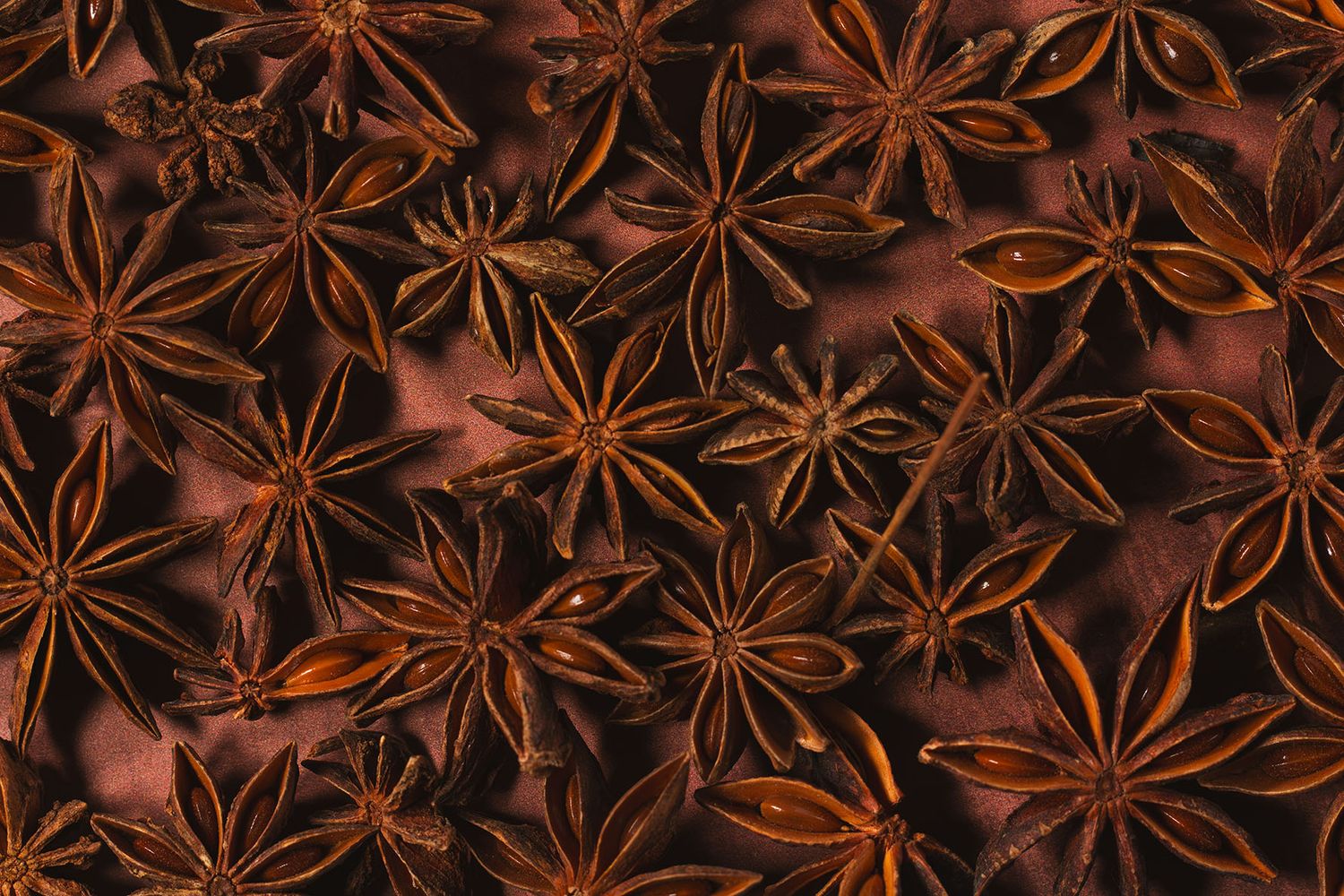 Scattered star anise spices clustered together on a rustic background. B. Steele Images Set design and food styling service