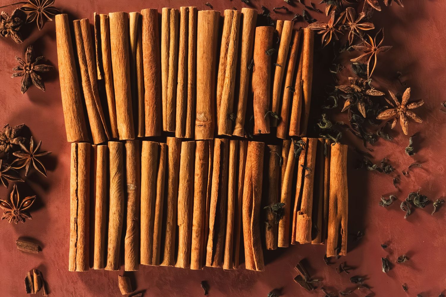 Cinnamon sticks arranged in rows with star anise and cloves on a dark red surface. B. Steele Images, food photography.