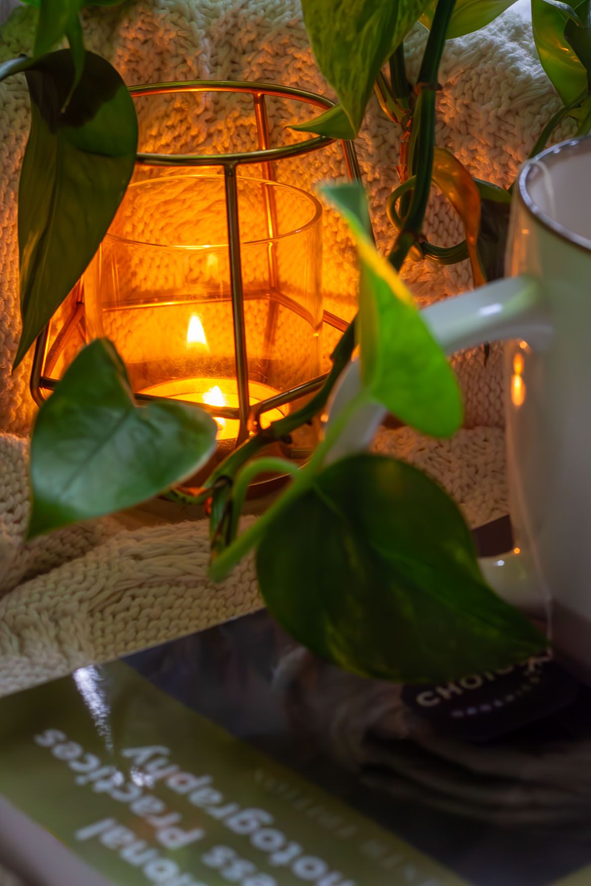 White tea cup with green plant leaves and tealight  creating a cozy morning atmosphere. Plant-focused, vegan, botany photography.