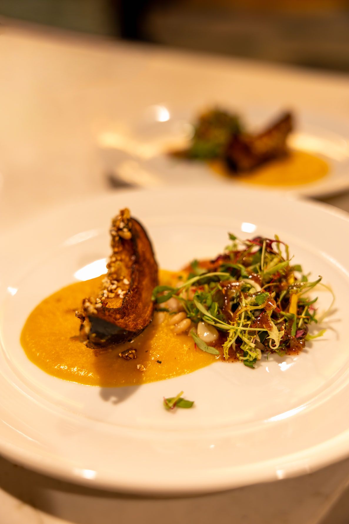 Elegant plated dish featuring a portion of acorn squash w/ western apache seeds with orange-hued sauce and fresh microgreens garnish.