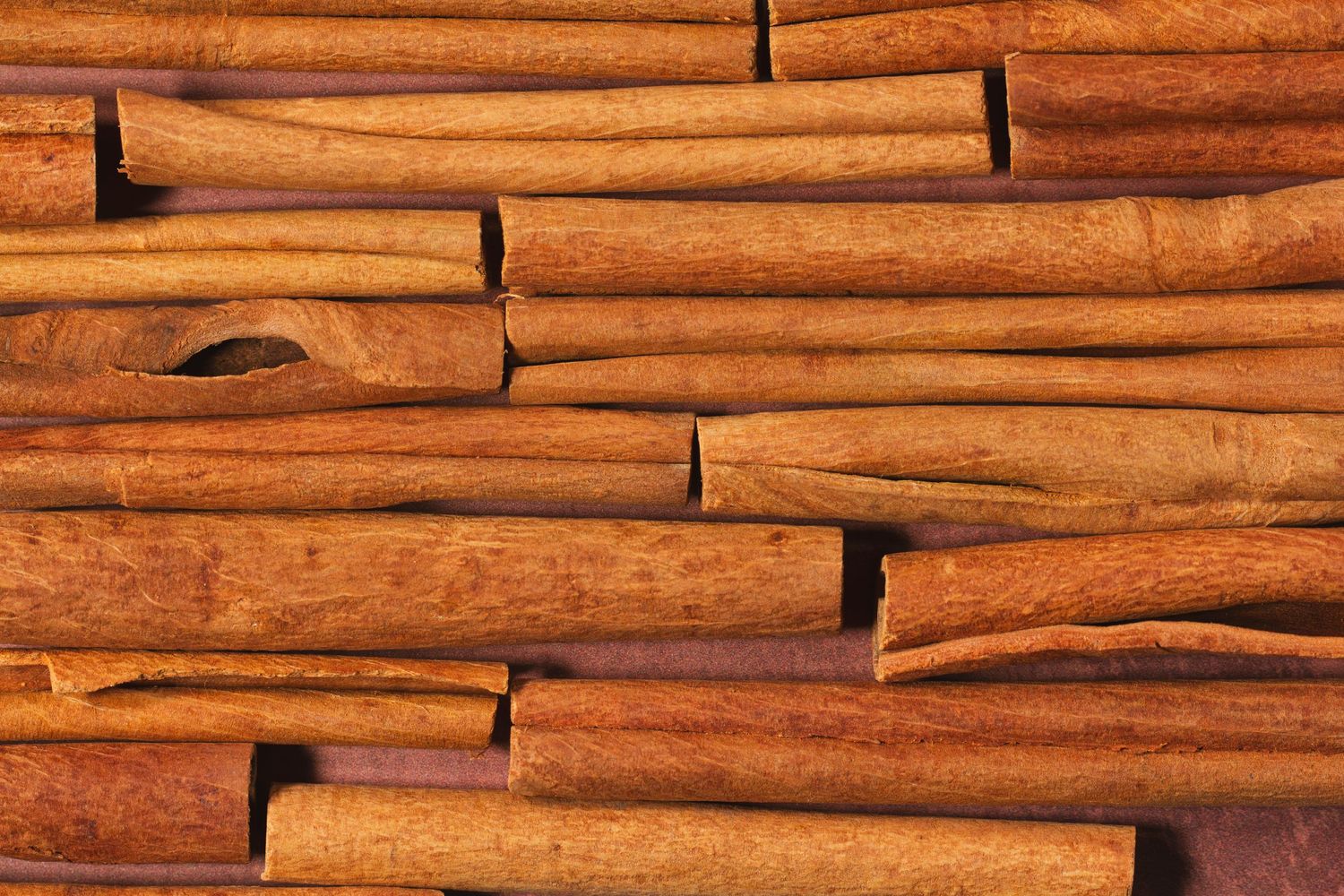 Close-up view of brown cinnamon sticks arranged in parallel rows showing their natural textured bark pattern.