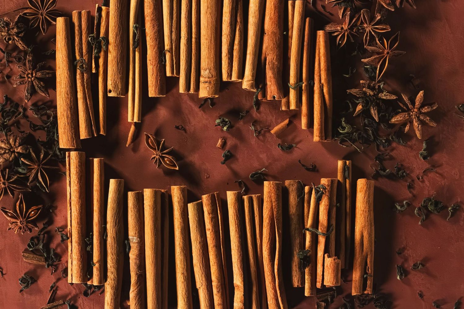Cinnamon sticks and star anise arranged on dark rustic background. Set design, food styling, Brigit Steele, indigenous photographer.