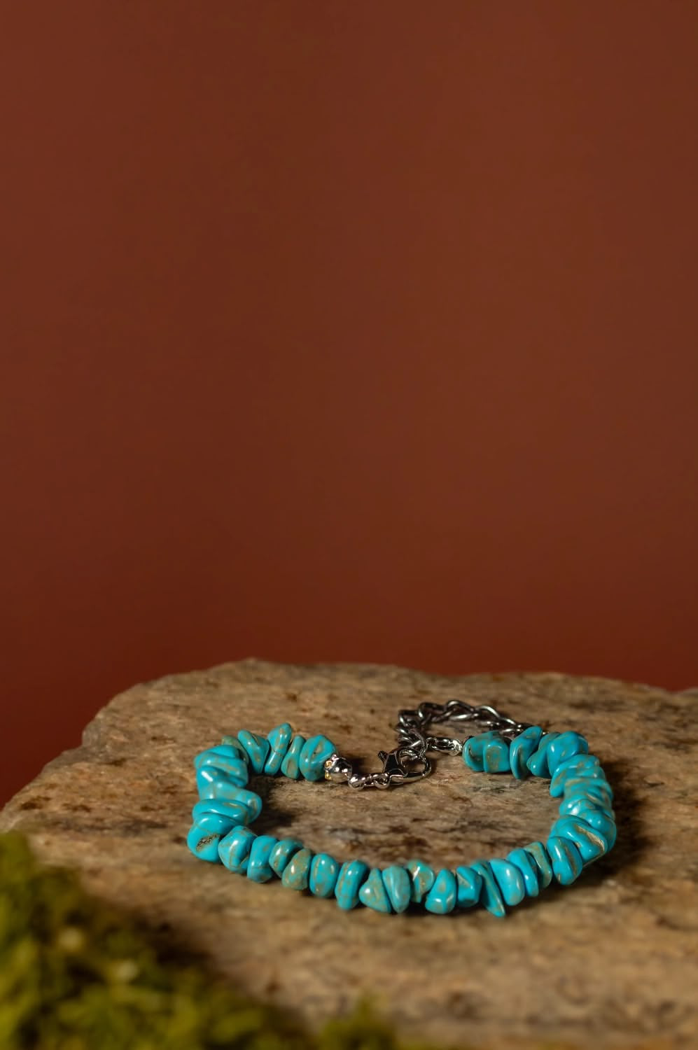 Handcrafted turquoise stone bracelet with chunky beads and silver clasp. B. Steele Images, indigenous photographer.