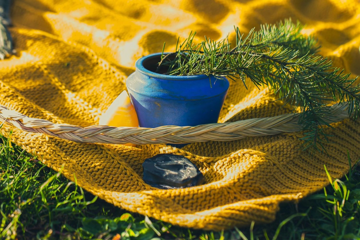 A blue teacup and saucer rests on a cozy yellow knit blanket with rosemary branches in warm sunlight. Indigenous photography, Brigit Steele.