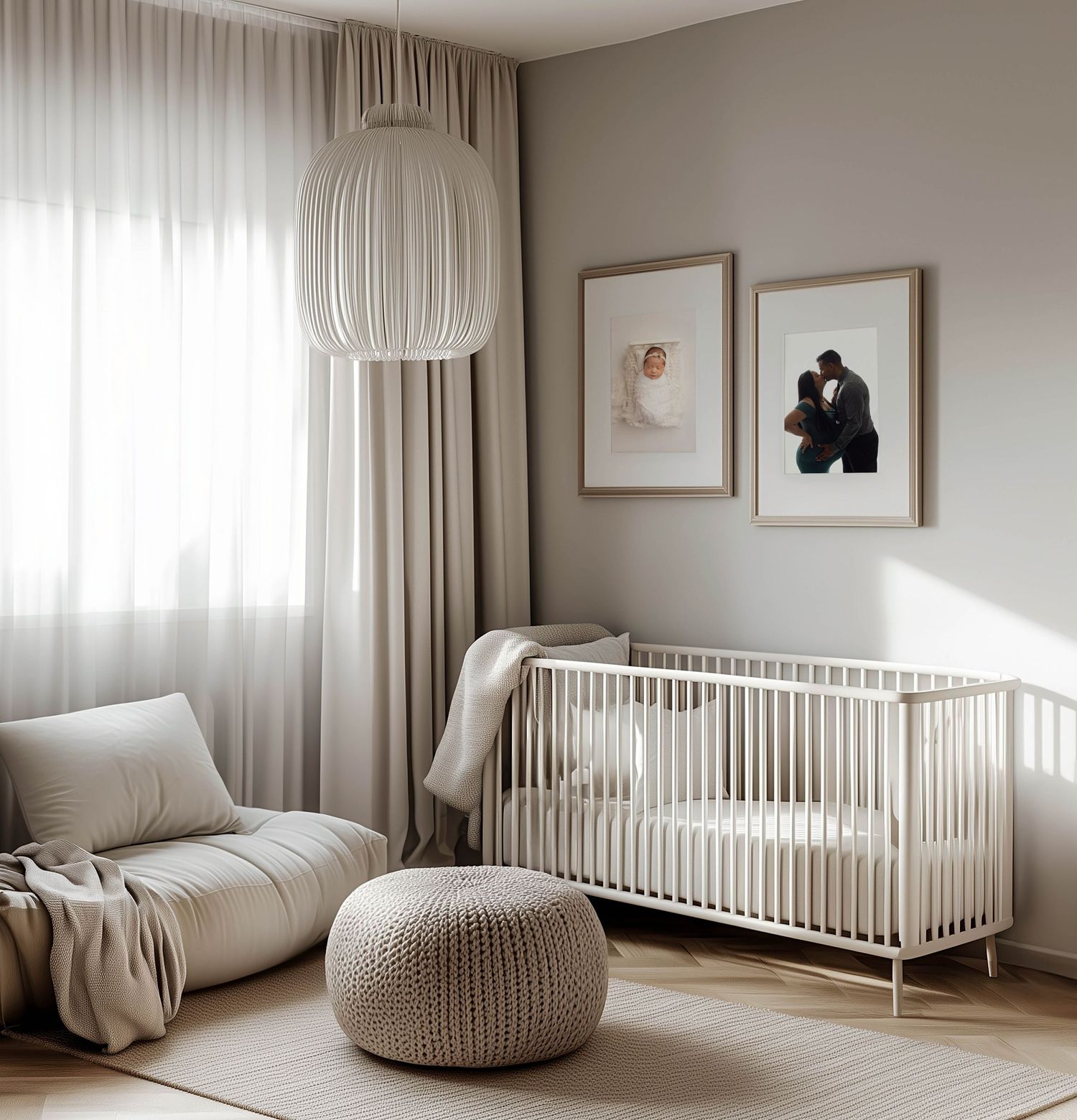 Minimalist nursery design featuring white crib, neutral decor, and soft natural lighting.