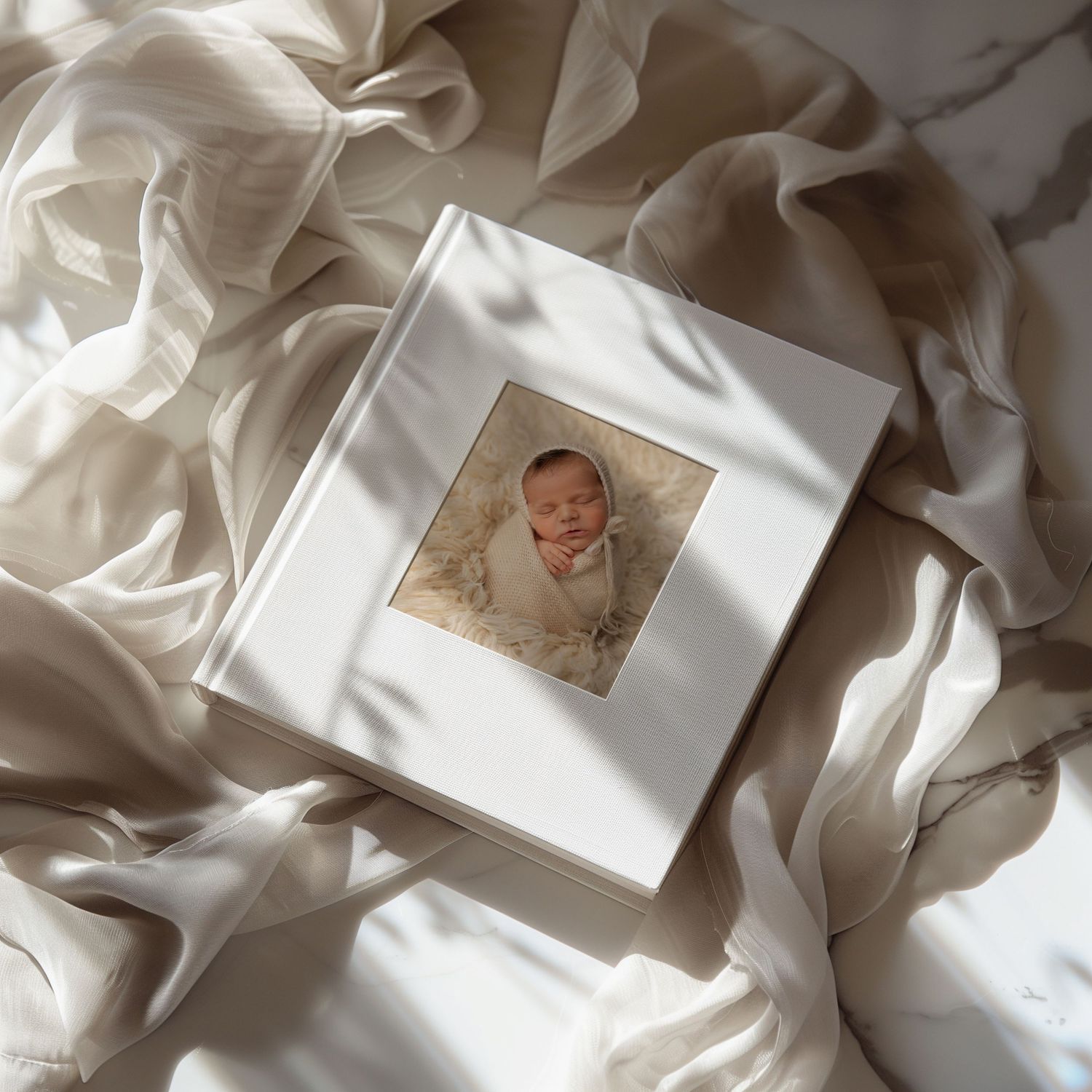 White photo album lying on cream colored silk fabric with a small photograph mounted inside the frame.  Fresno Newborn Photographer