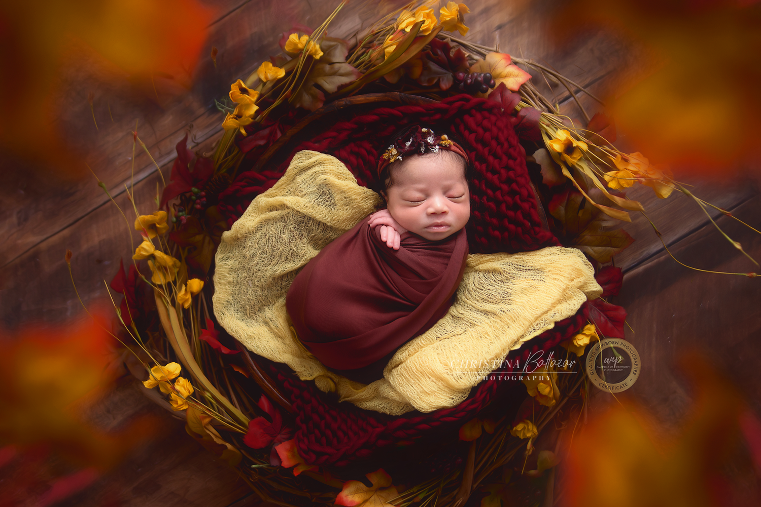 Newborn baby girl in basket with fall colors