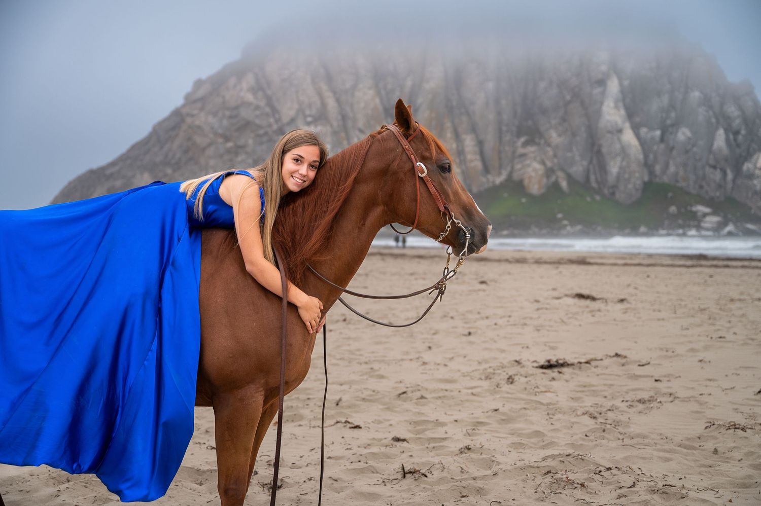 A flowing blue dress drapes over a brown horse on a misty beach with rocky cliffs.