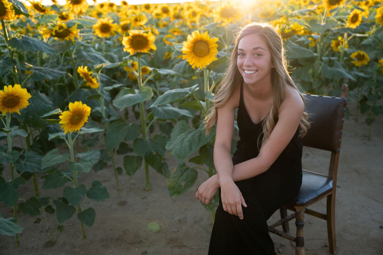 Casual portrait on wooden chair surrounded by tall sunflowers at sunset.