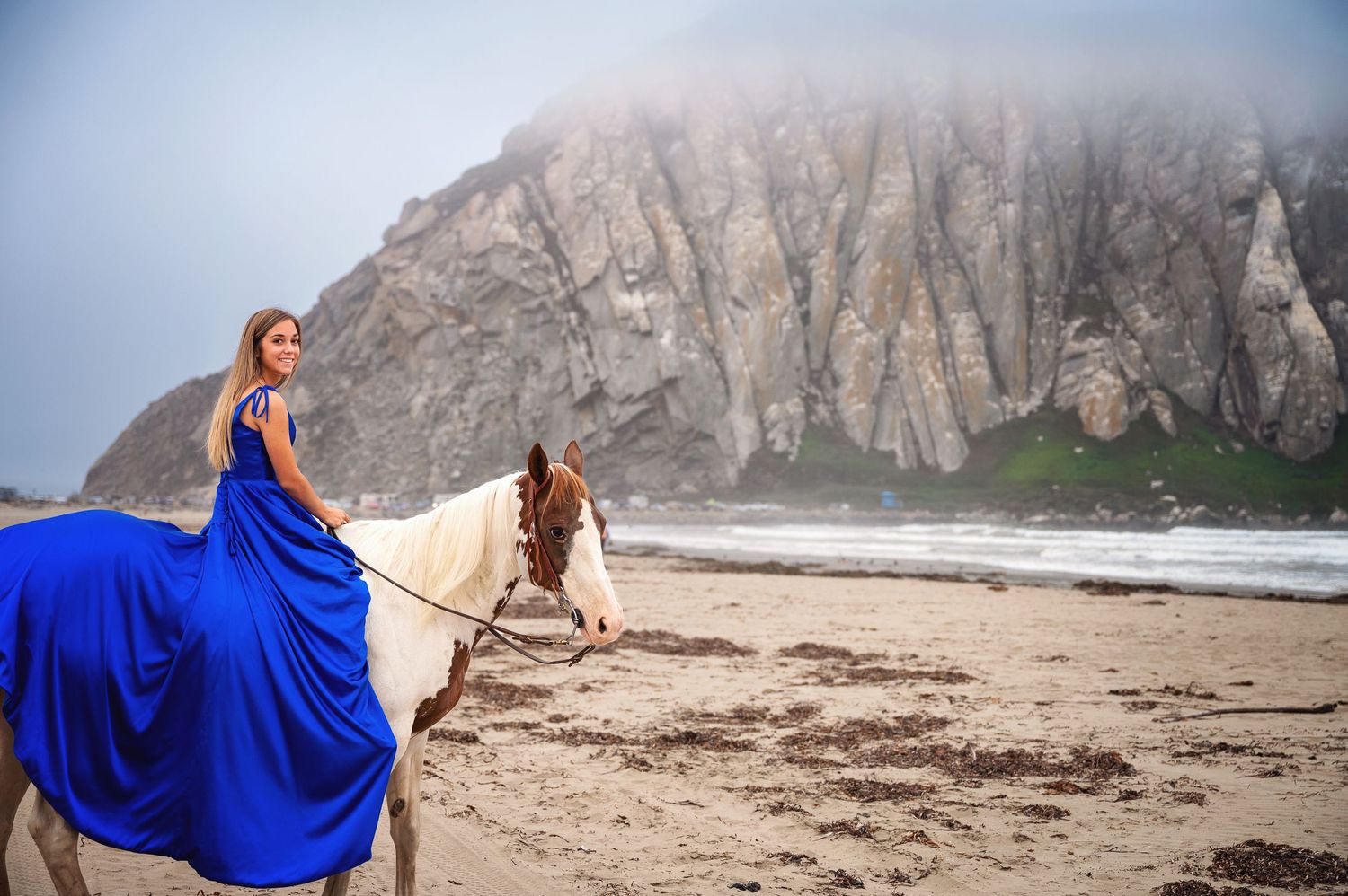 A bright blue dress flows dramatically against a white horse on a moody coastal beach.