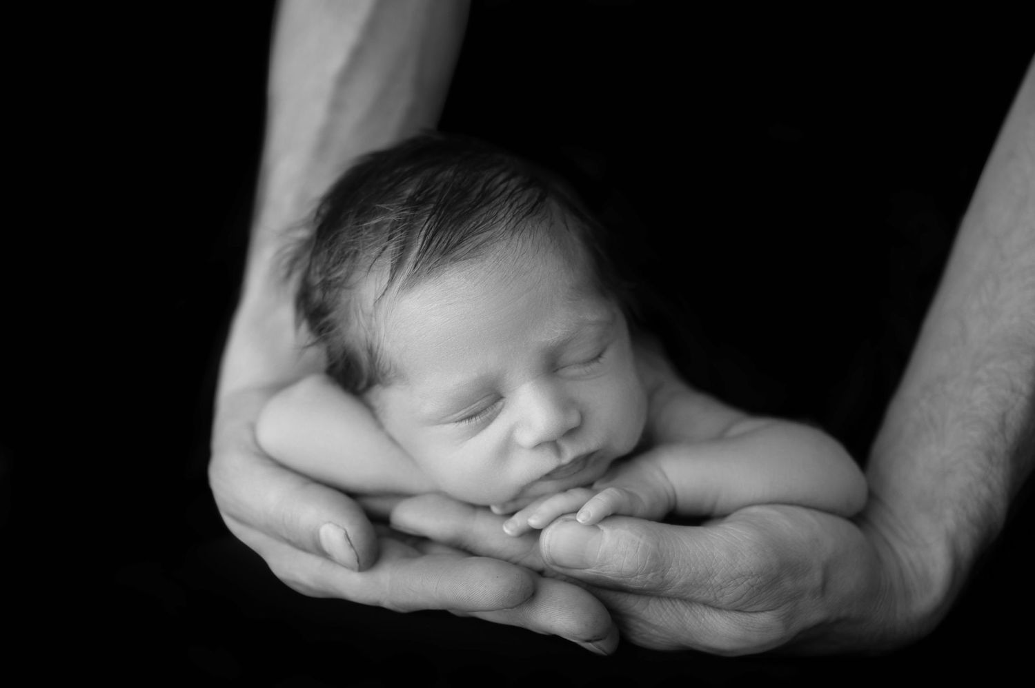 Black and white portrait of sleeping newborn cradled in hands.