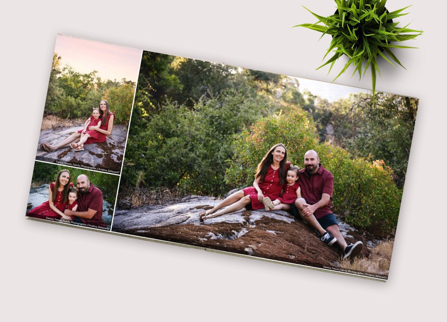 Photo album spread showing outdoor portrait session on rocks with natural scenery and greenery in background. Hanford Family Photography