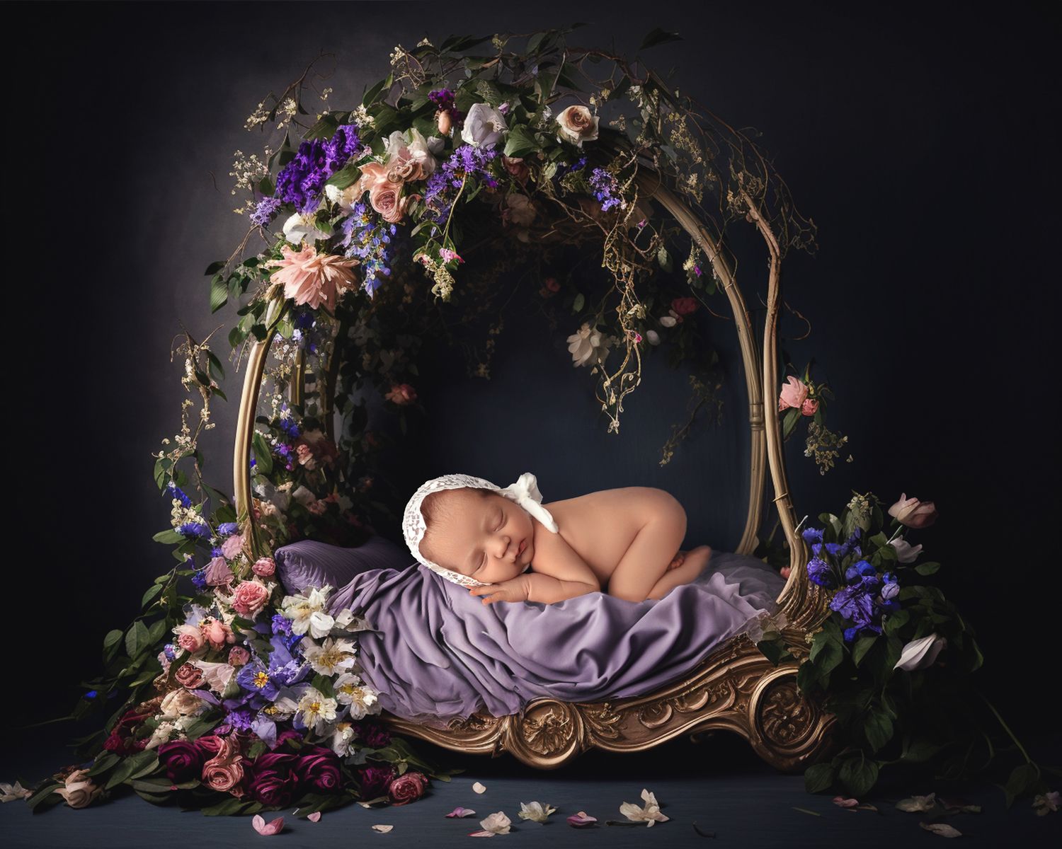 Artistic newborn photography setup with purple fabric and floral decorations on a dark backdrop.
