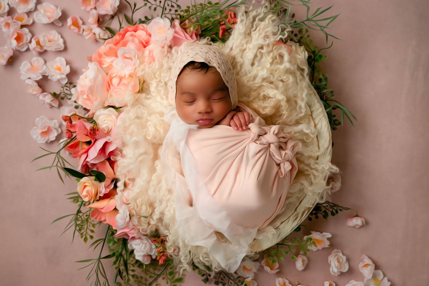 Newborn photography with pink floral arrangements and soft lighting.
