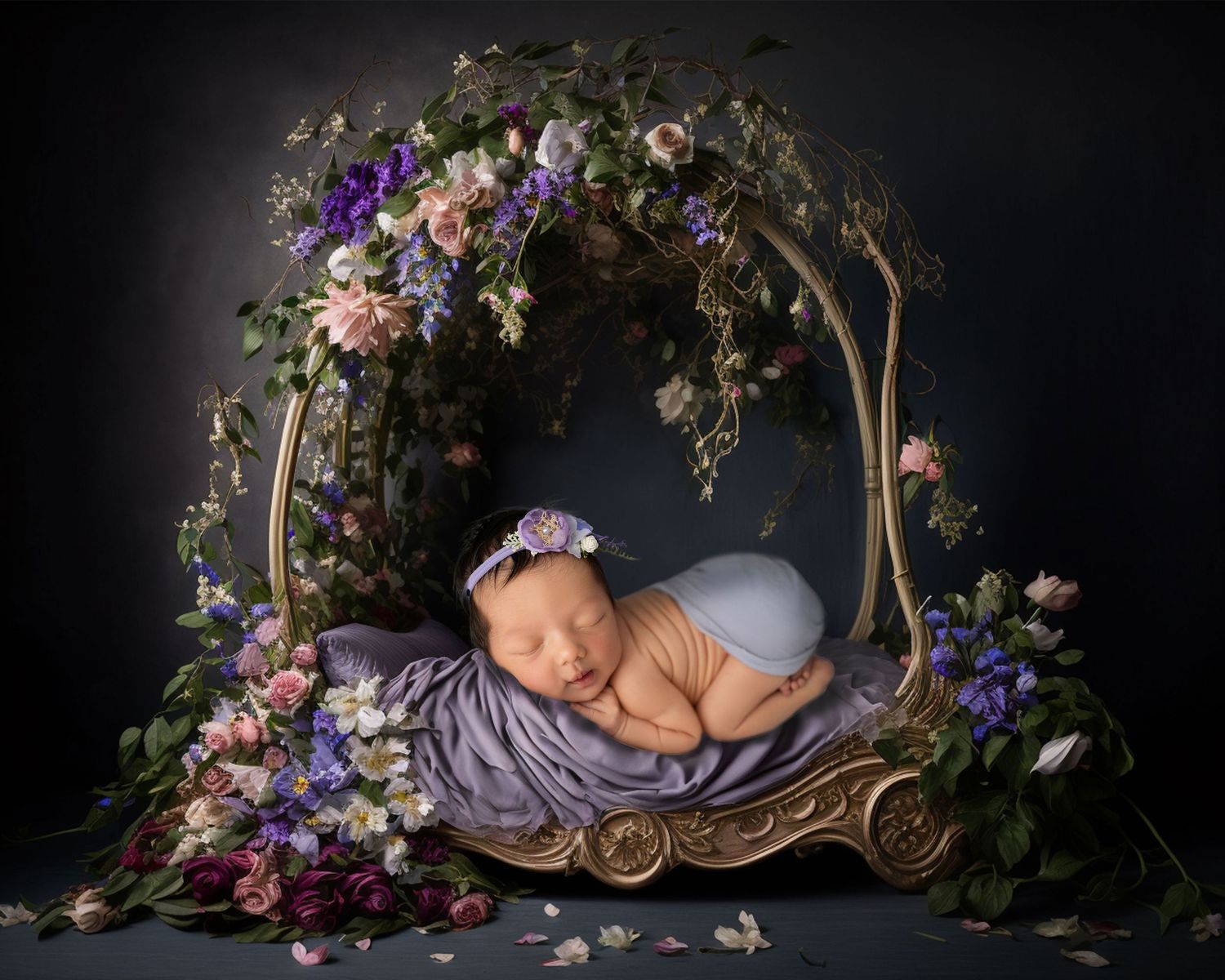 Hanford Newborn photography set featuring ornate golden props decorated with purple and pink floral arrangements on dark backdrop.