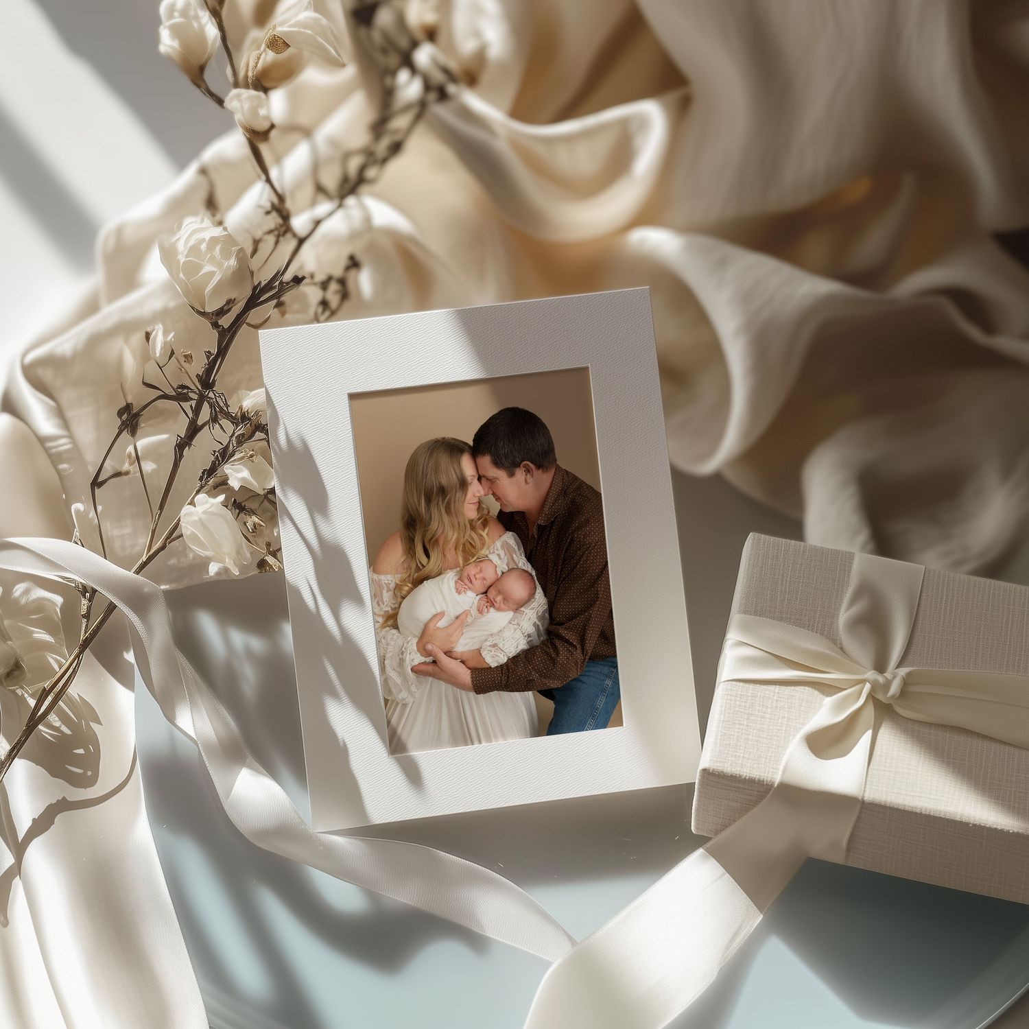 Newborn photographs scattered on white silk fabric with delicate flower branches creating a soft, dreamy composition. Hanford Newborn Photos
