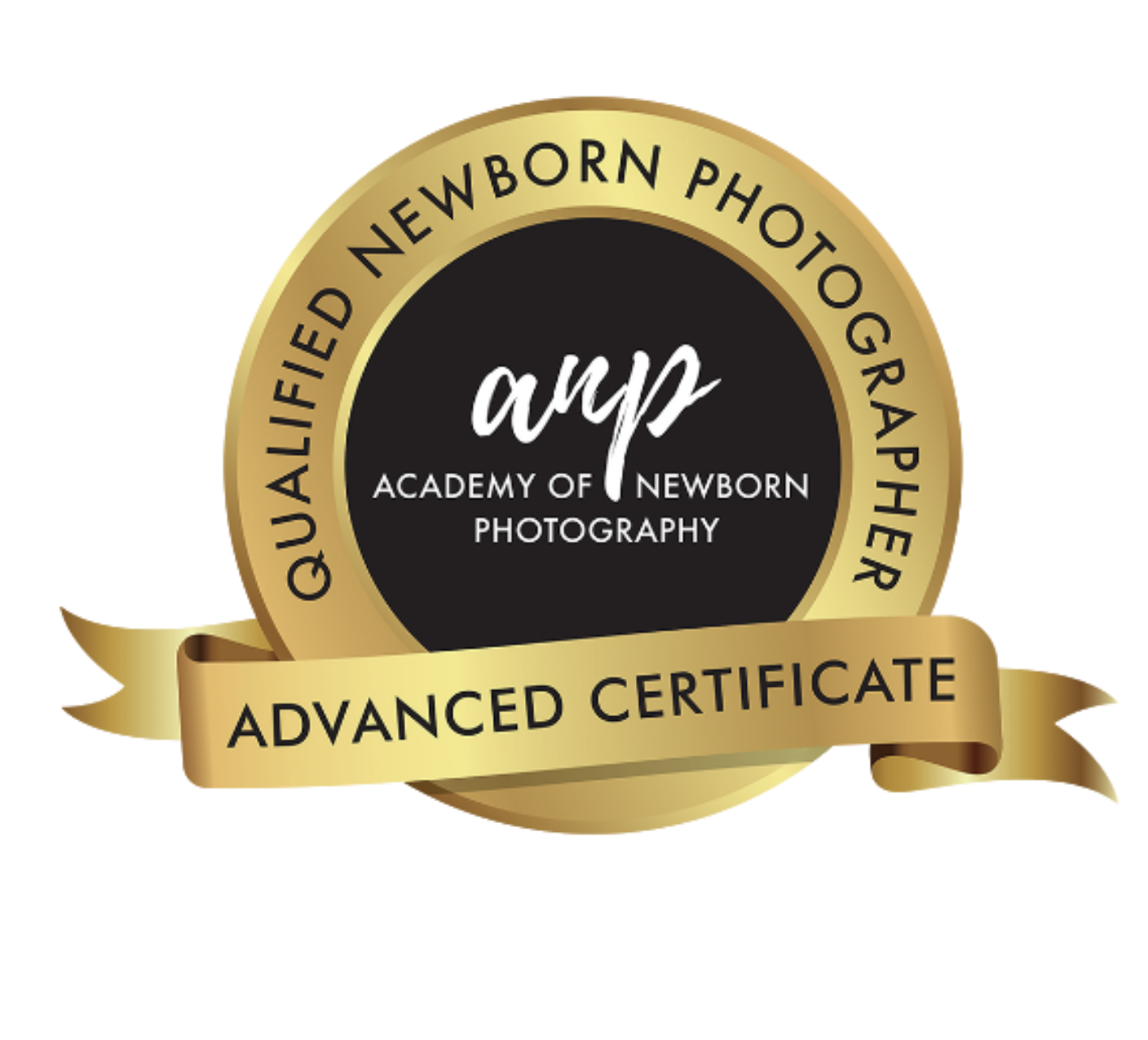 Four gold seal award badges for newborn photography certification arranged in a horizontal row.
