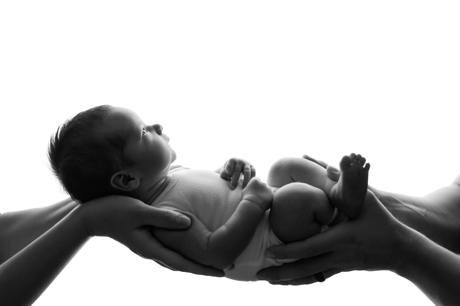 Black and white newborn baby held gently in parents hands, silhouette portrait photography.