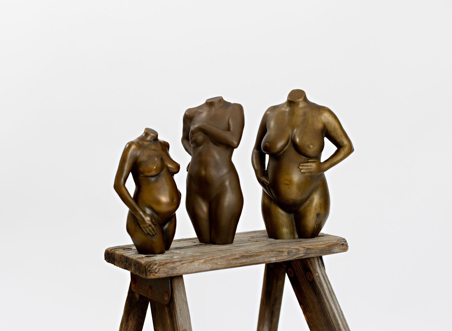Bronze sculpture series showing abstract pregnant human figures arranged on a wooden ladder in various poses. Hanford Maternity Photographer