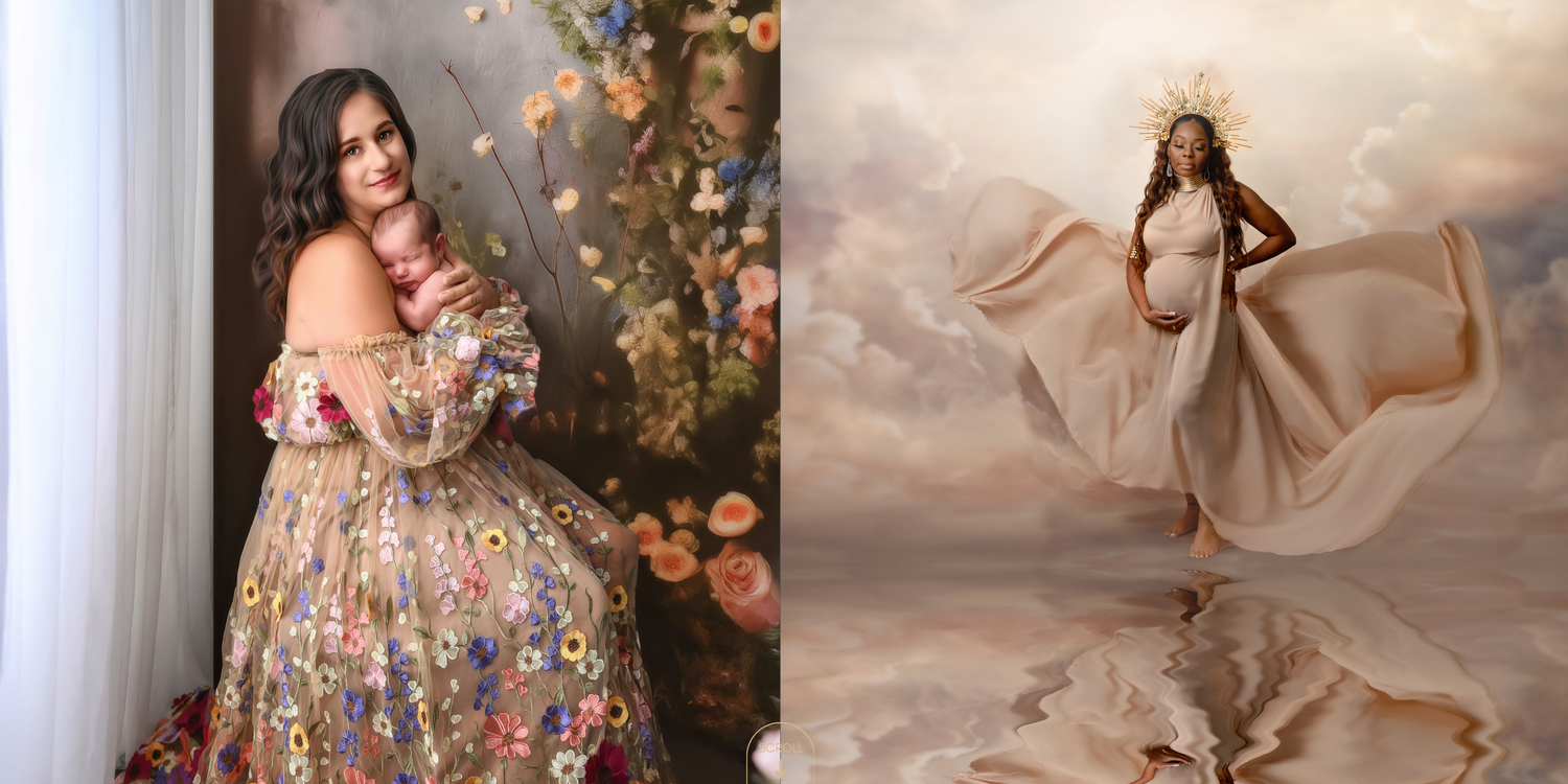 A mother and her newborn baby and an ethereal maternity portrait both photographed in studio in Lemoore, CA.