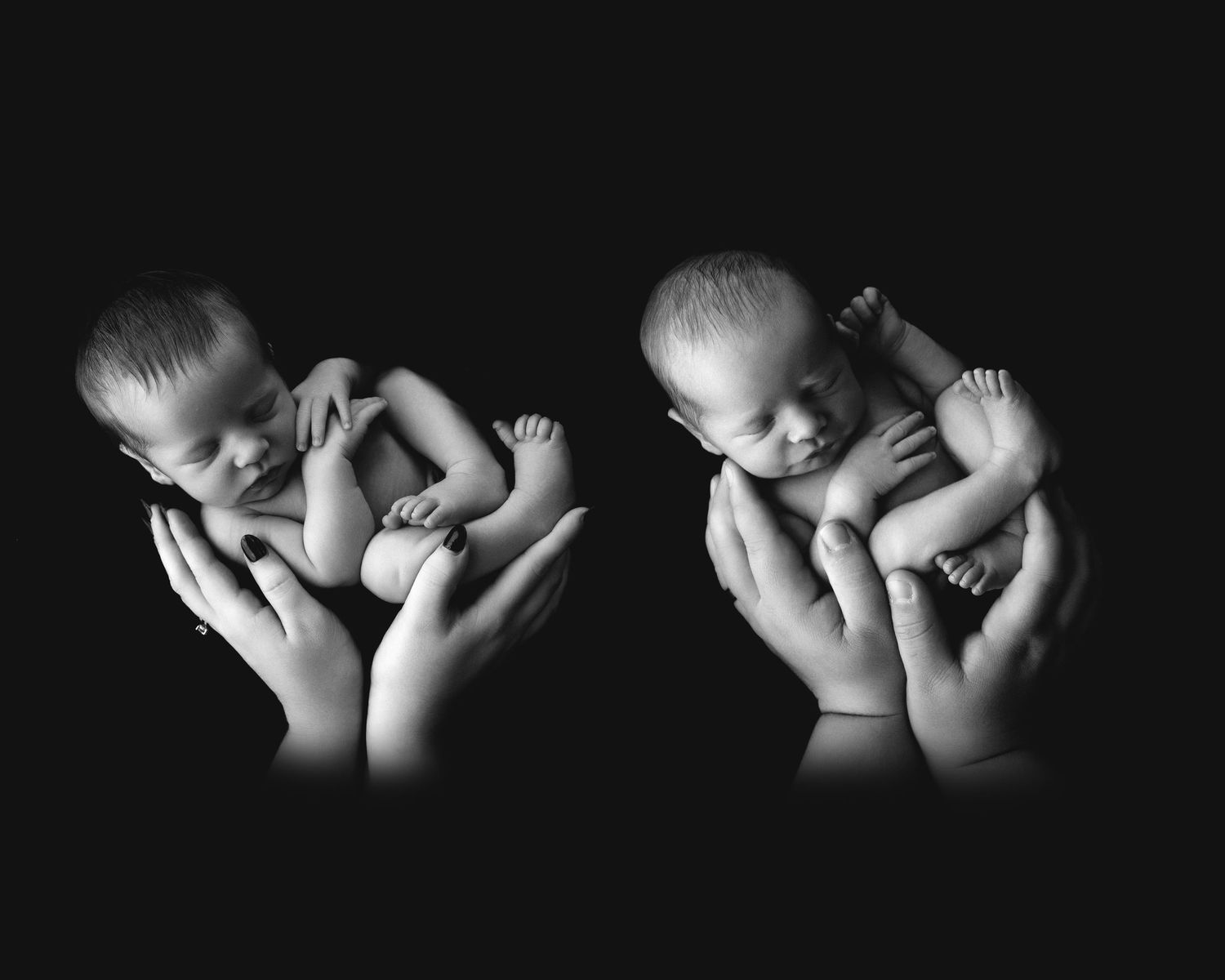 Black and white artistic series showing close-up details of a newborn baby against dark background.