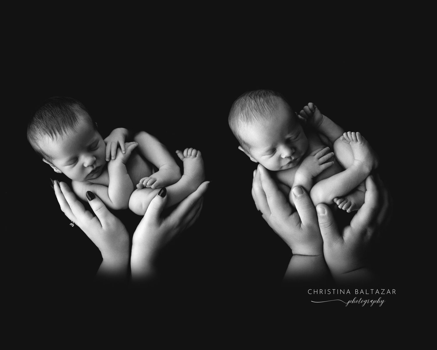 A black and white artistic photograph showing twin babies being held in their parent's hands. Fresno Newborn Photography