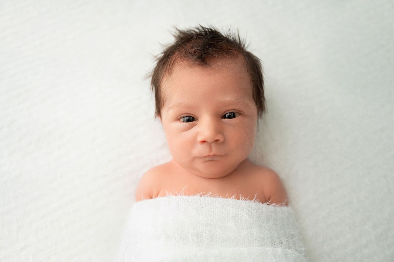 Alert newborn wrapped in white blanket during professional studio photography session.