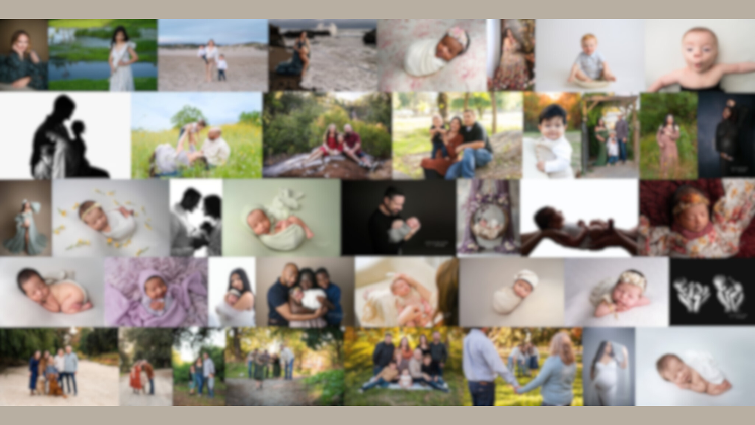 A collage of professional photography portfolio images showcasing various subjects and styles in outdoor and studio settings.