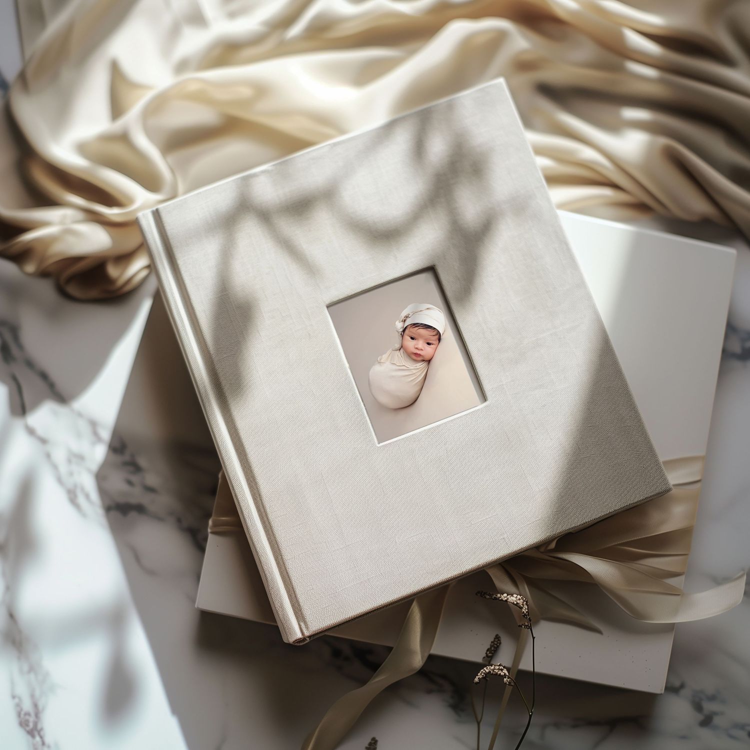 Professional photography packaging with elegant cream colored boxes and ribbon.