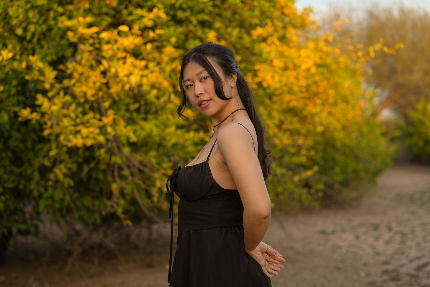 Young Asian woman in black dress poses gracefully on a dirt path surrounded by vibrant yellow-green foliage at golden hour.