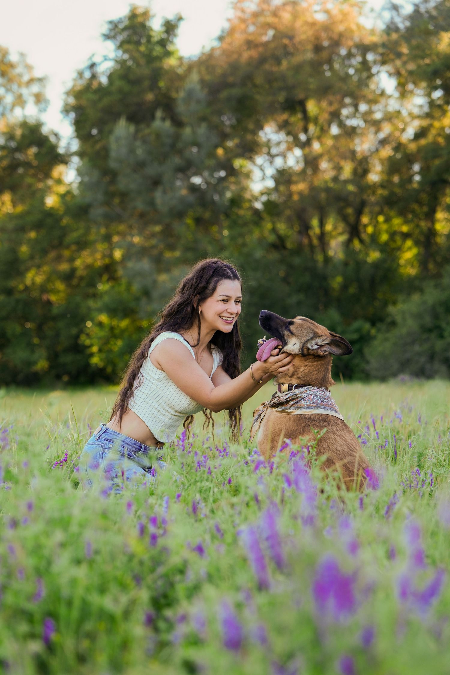 Young woman smiling and petting a German Shepherd dog in a sunny field of purple wildflowers.