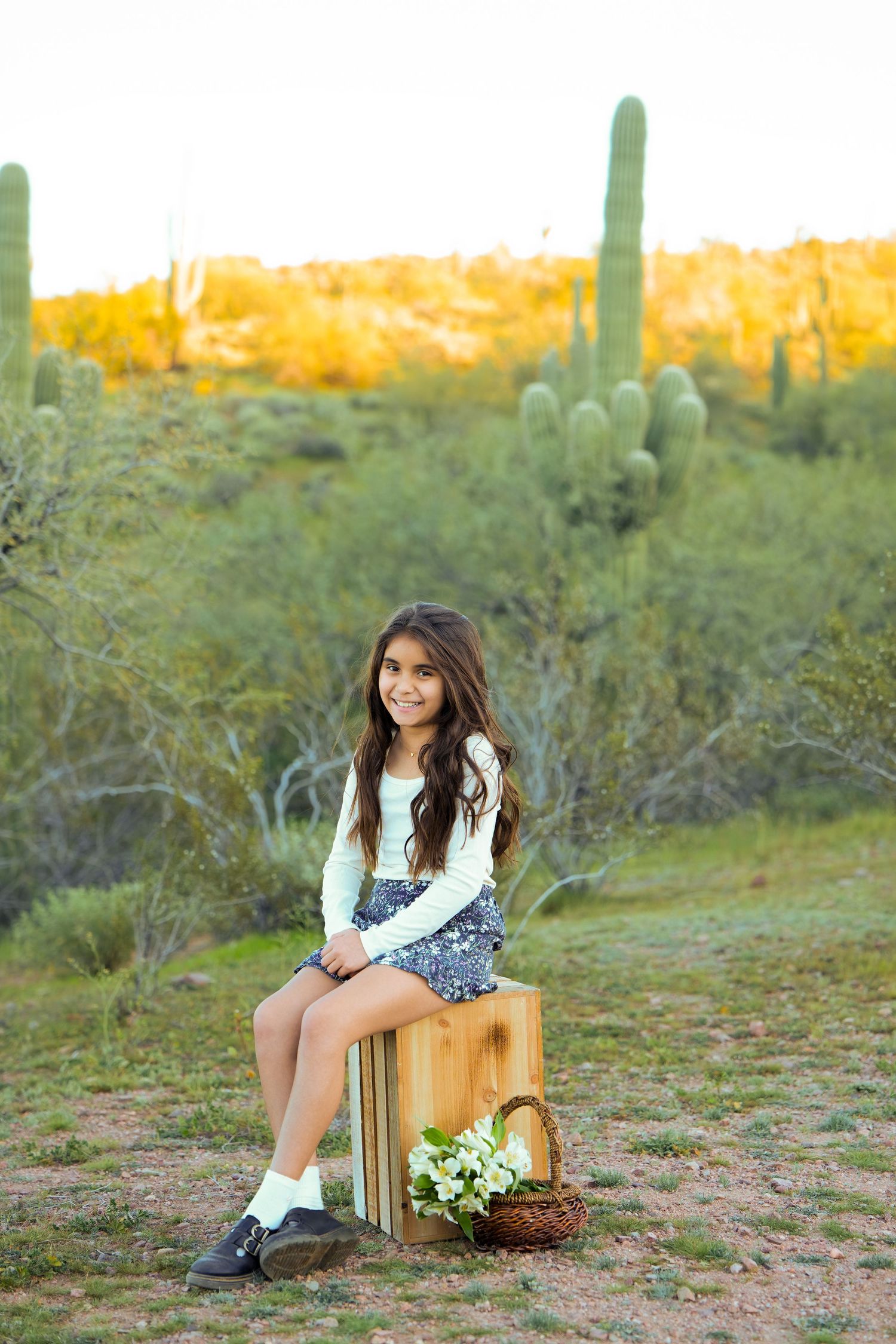 A person sits on a wooden bench in a desert landscape with saguaro cacti and golden sunset lighting.