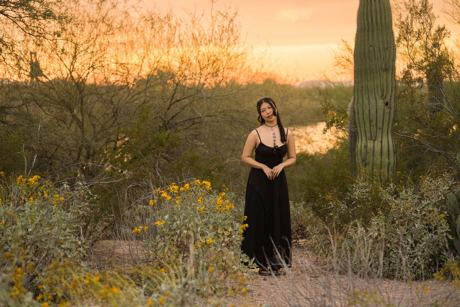 A black dress stands out against the desert landscape at sunset with a tall saguaro cactus and yellow wildflowers.