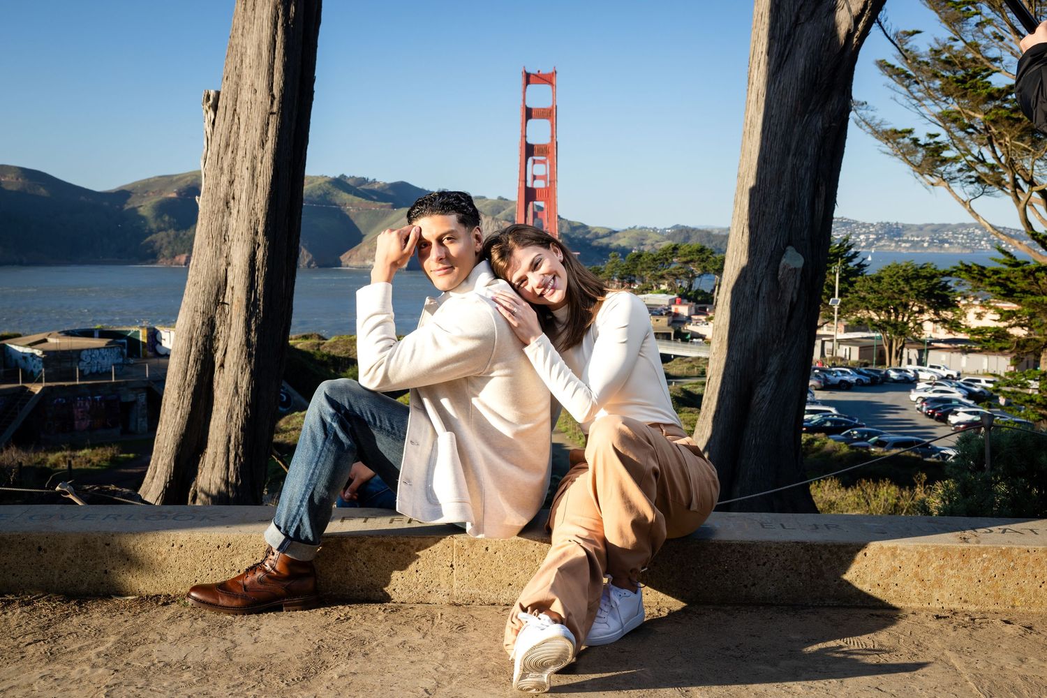 Series of romantic photos with Golden Gate Bridge visible in background.