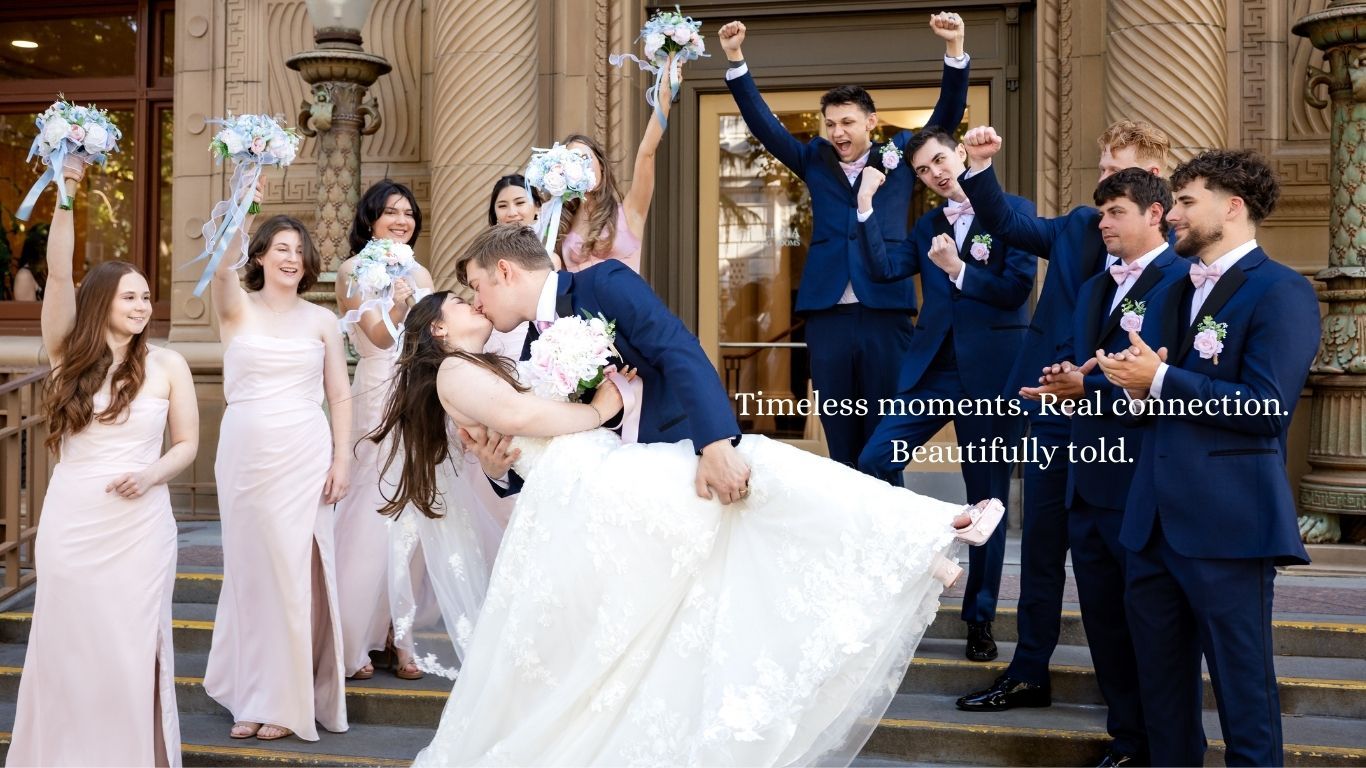 Wedding party members in formal attire gather for group photos outside a grand columned building.