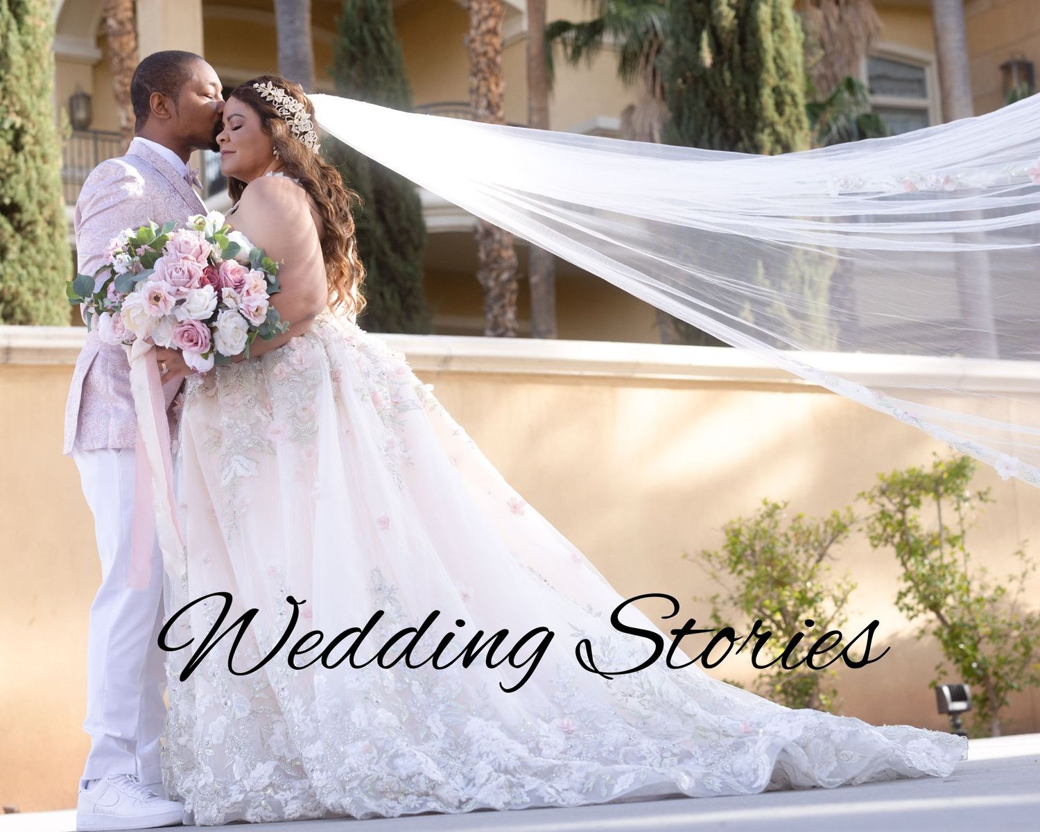 A romantic wedding scene with a flowing veil and pink bouquet against a Mediterranean-style building backdrop.
