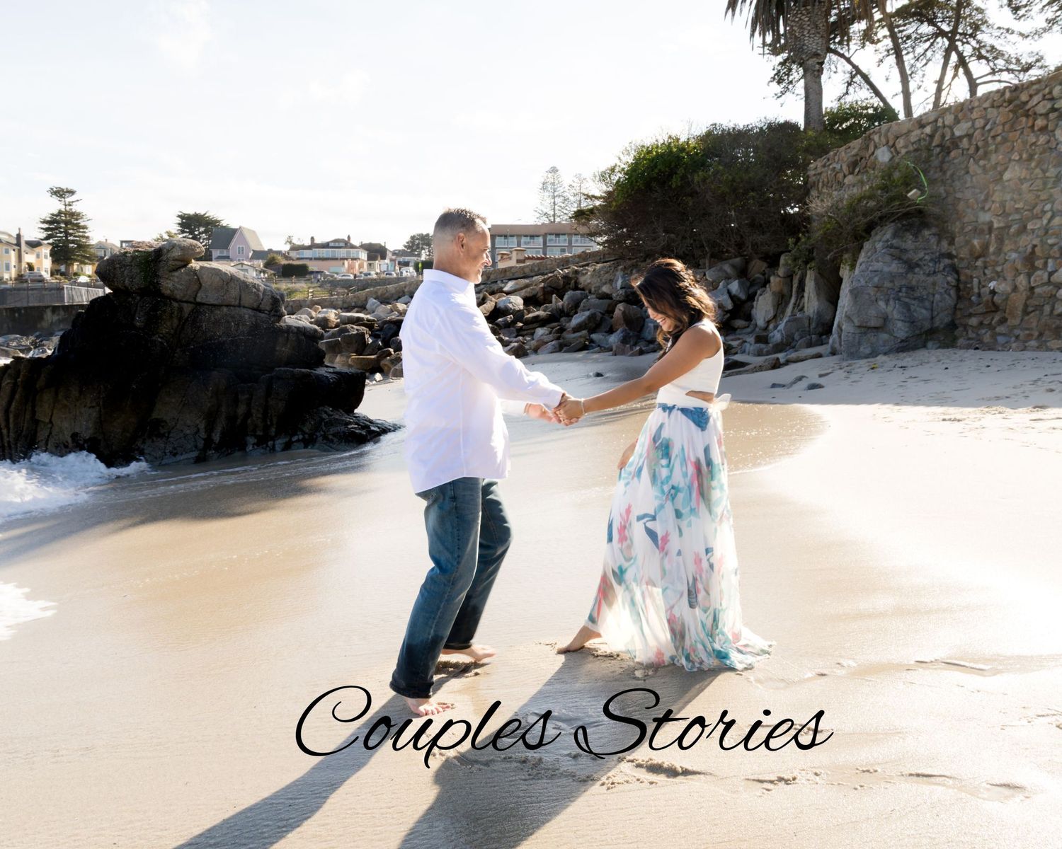 A romantic couple walks along a scenic beach at sunset with 'Couples Stories' text overlay.