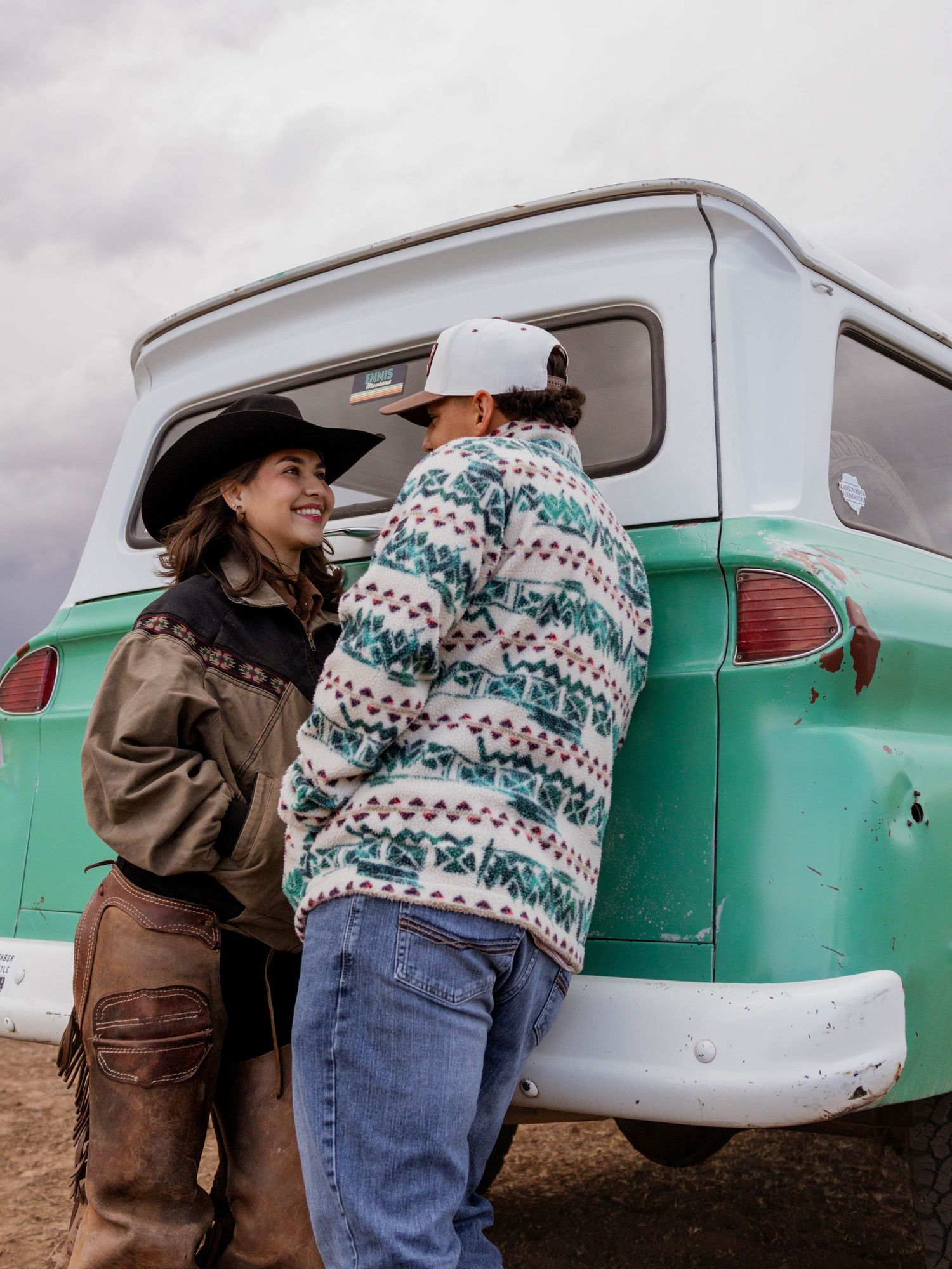 Vintage-inspired scene with turquoise airplane and western fashion elements.
